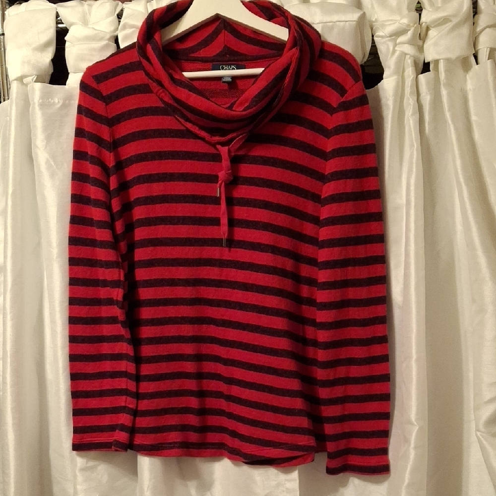 Chaps Red and Black Striped Cowl Neck Sweater Lg